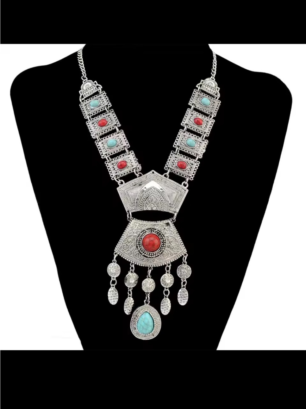 Bohemian Silver-Tone Red & Turquoise Statement Necklace